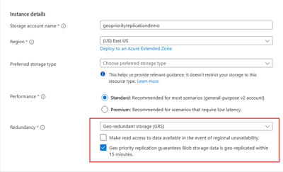 Screenshot showing the ___location of the geo priority replication checkbox for a new storage account.