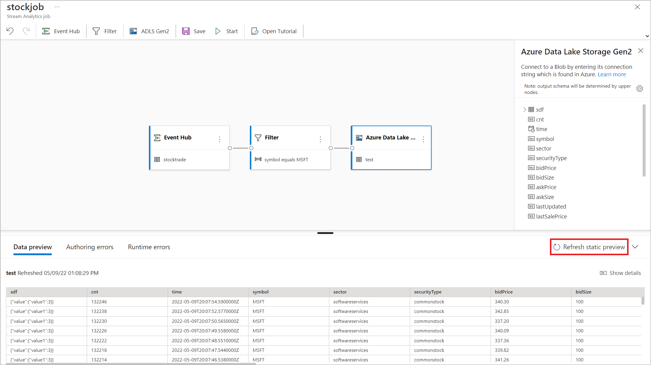 Screenshot showing the data preview and Refresh static preview option.