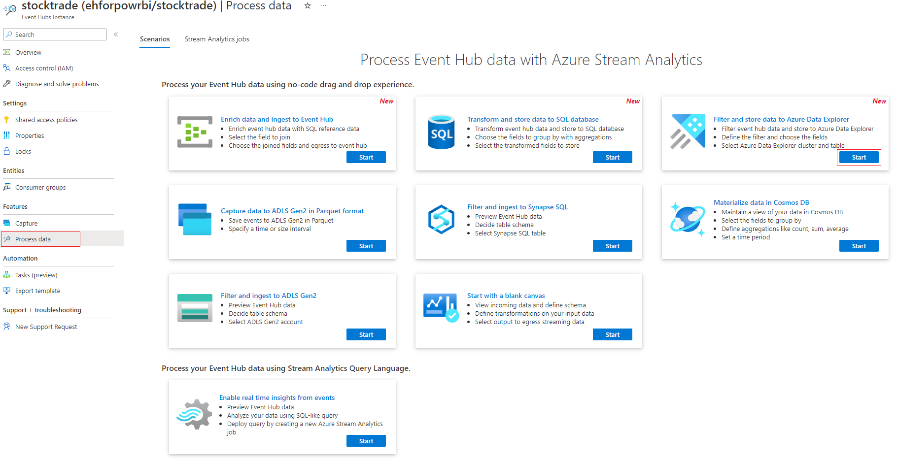Screenshot showing the Filter and ingest to Azure Data Lake Storage Gen2 card where you select Start.