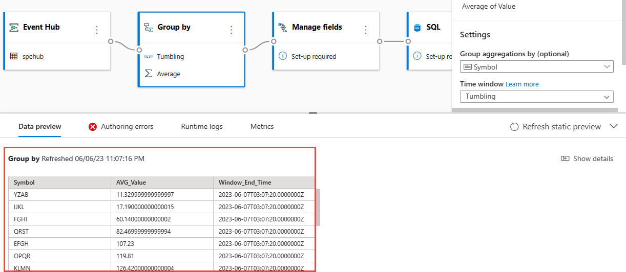 Screenshot that shows the data preview for the group by operator.