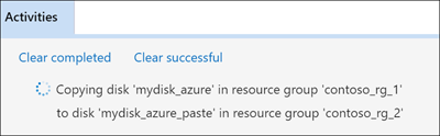Screenshot of Azure Storage Explorer highlighting the ___location of the Activities pane with copy and paste status messages.