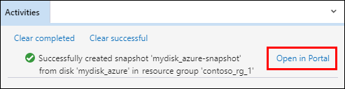 Screenshot of Azure Storage Explorer highlighting the ___location of the link in the Activities pane with snapshot status messages.