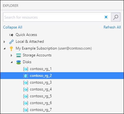 Screenshot of Azure Storage Explorer highlighting the ___location of the Disks node for pasting a disk.