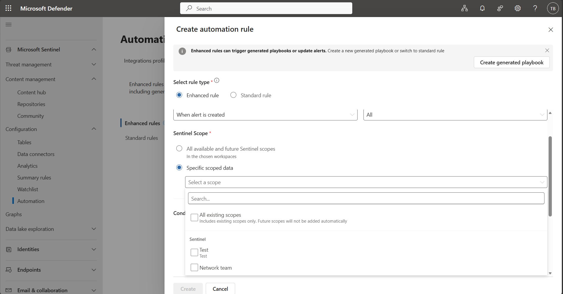 Screenshot of the Sentinel scope selector for an automation rule.
