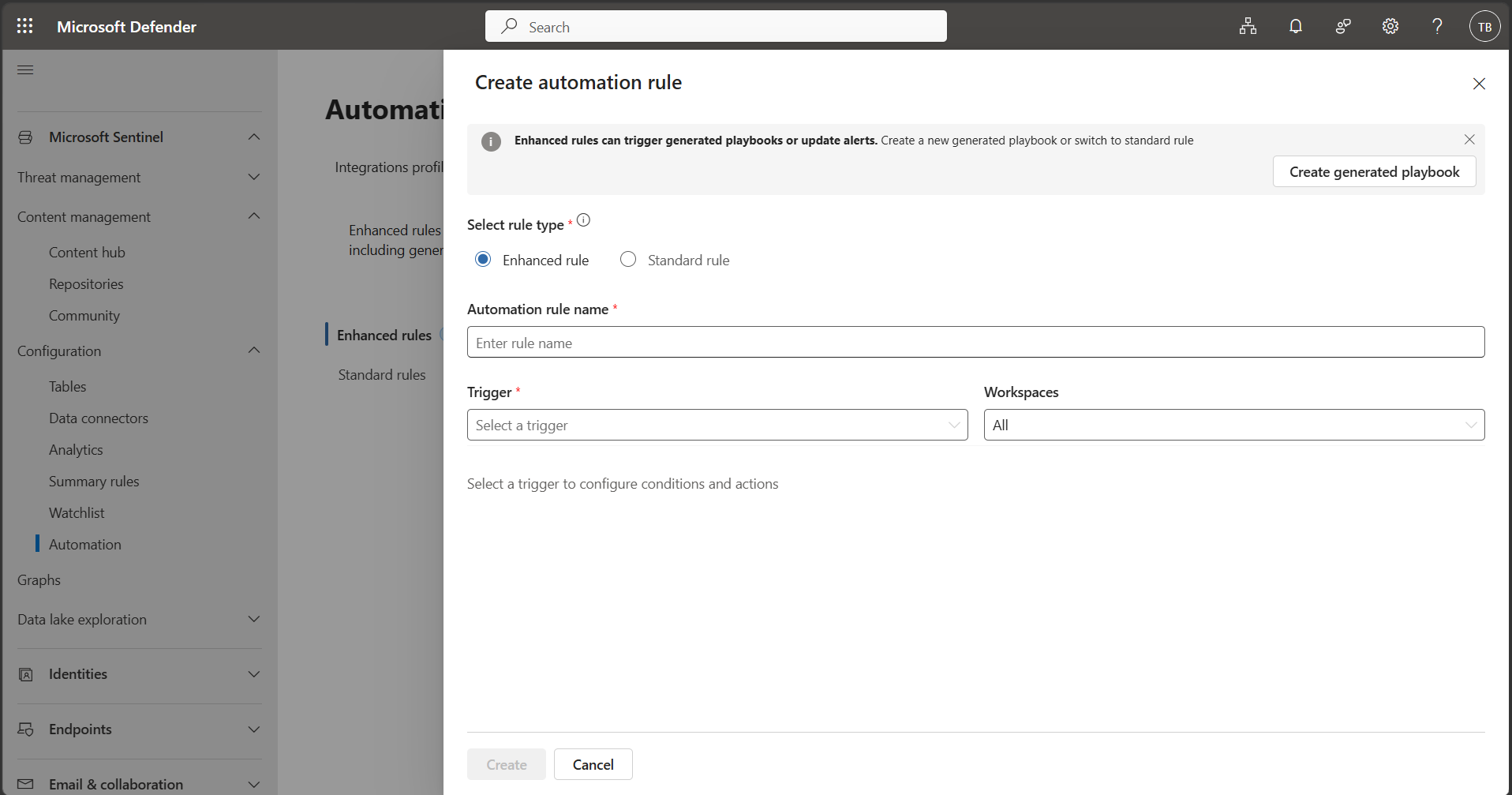 Screenshot of creating a new enhanced automation rule.