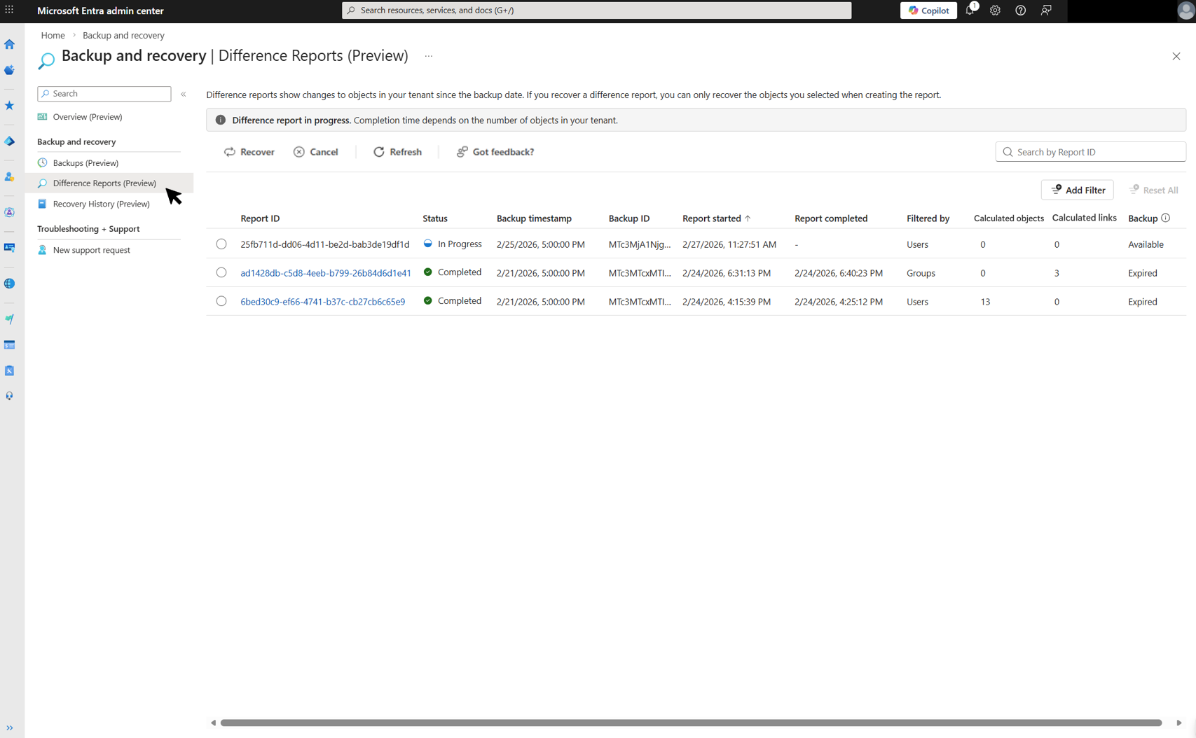 Screenshot of the Difference Reports list page showing report statuses, backup timestamps, and filtering details for three difference reports.