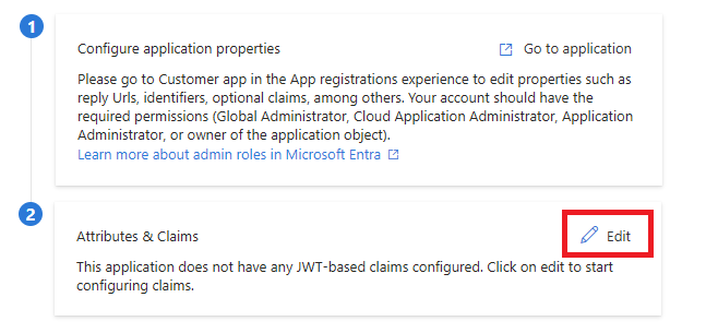Screenshot of the attributes and claims section and the edit icon.