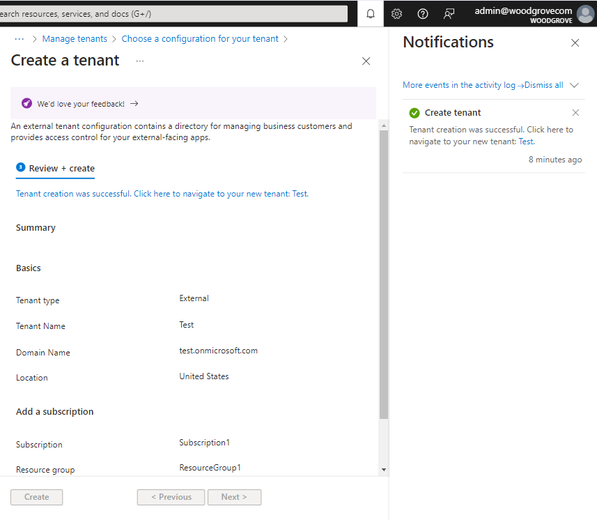 Screenshot that shows the link to the new external tenant.