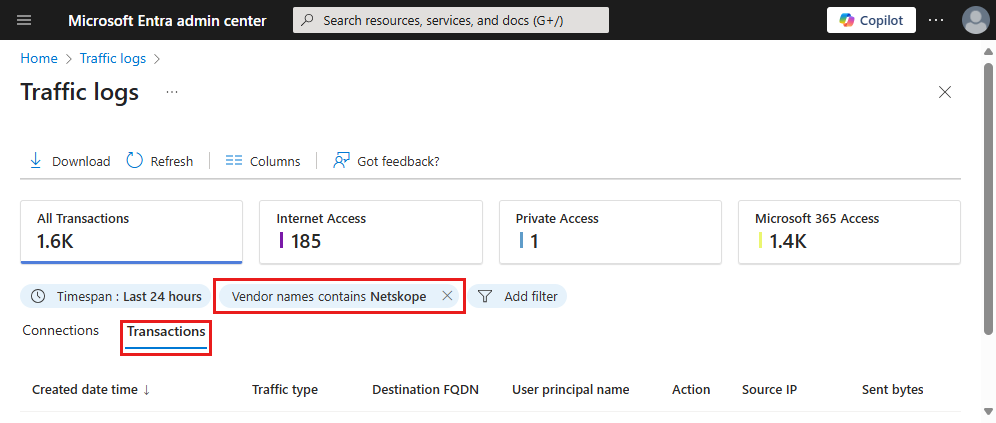 Screenshot of the Traffic logs with the Vendor names contains Netskope filter highlighted.