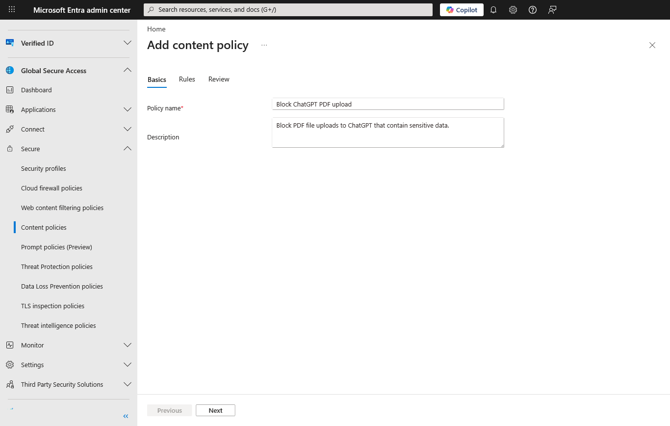 Screenshot of the Basics tab for a new content policy showing the Policy name and Description fields.