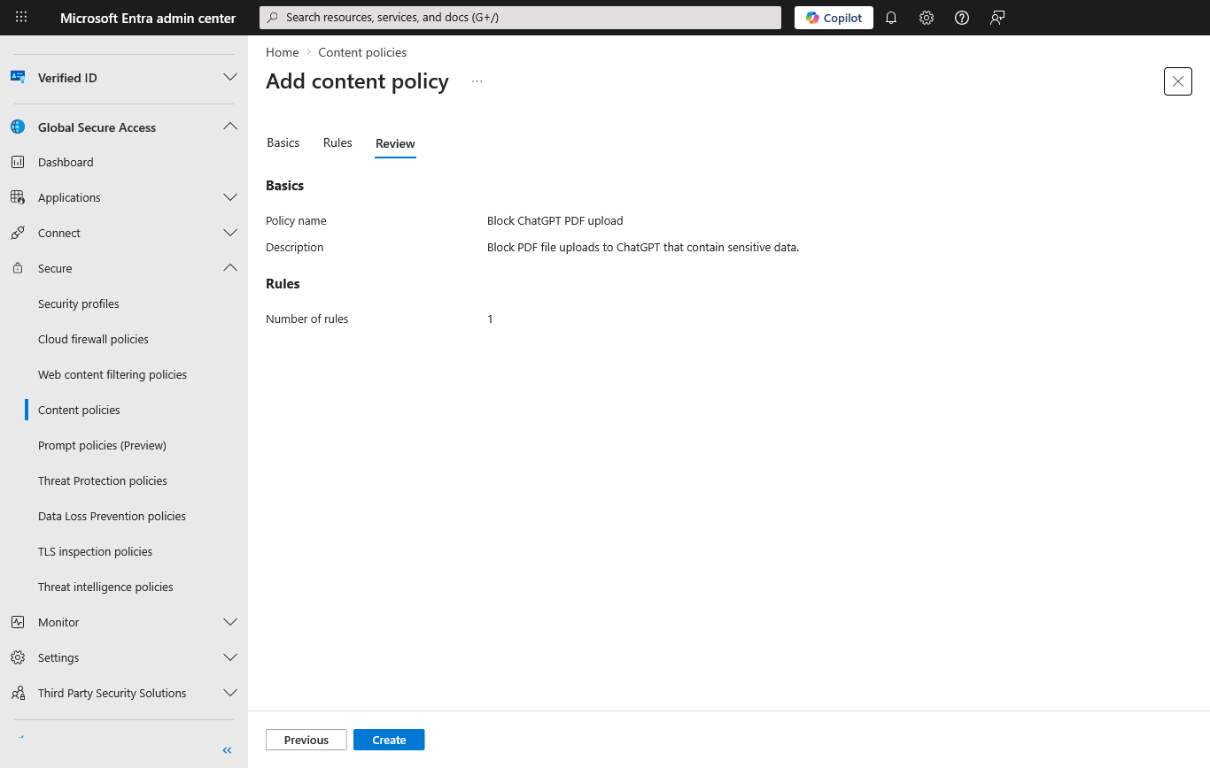 Screenshot of the Review tab showing a summary of the content policy settings including policy name, description, and number of rules before creation.