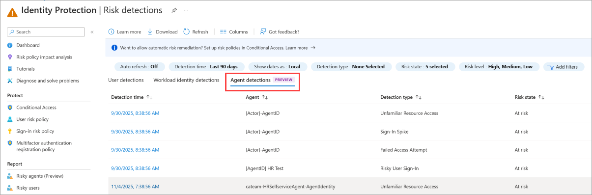 Screenshot showing the Agent detections column on the risk detections report.