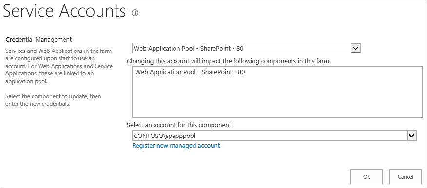 Screenshot of service account selection dialog with Web Application Pool - SharePoint 80 and ___domain account dropdown.