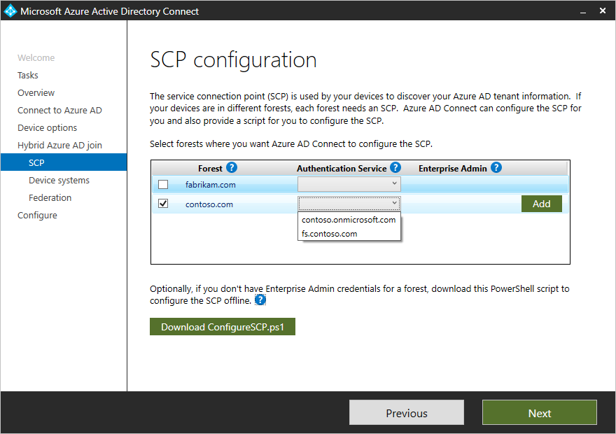 A screenshot showing Microsoft Entra Connect and options to for SCP configuration in a federated ___domain.