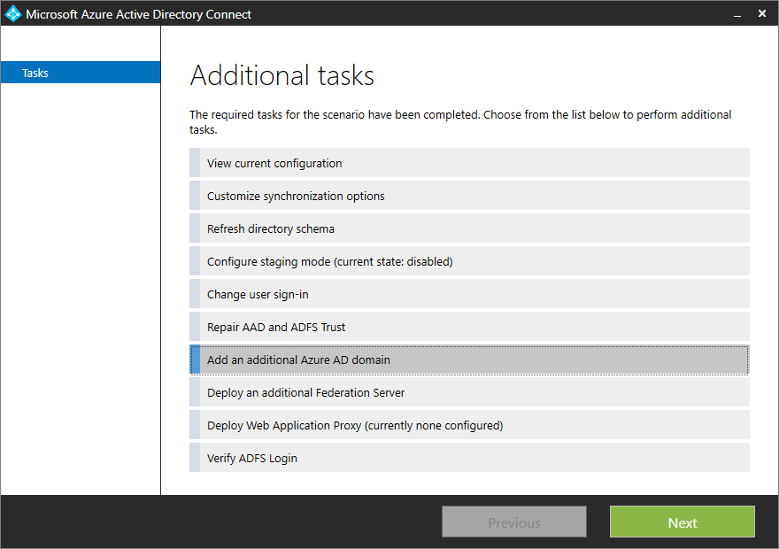 Screenshot of the "Additional tasks" pane for selecting "Add an additional Microsoft Entra ___domain".