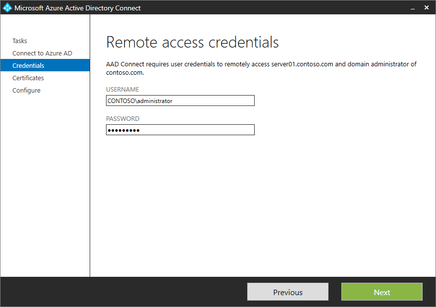 Screenshot that shows the "Remote access credentials" page with example ___domain administrator credentials entered.