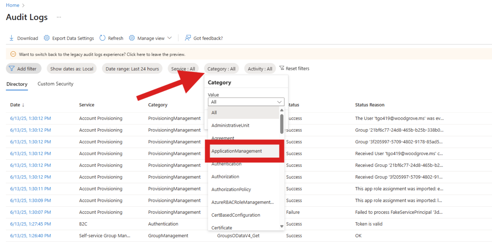Screenshot of the Microsoft Entra admin center showing the category drop-down to Application Management.