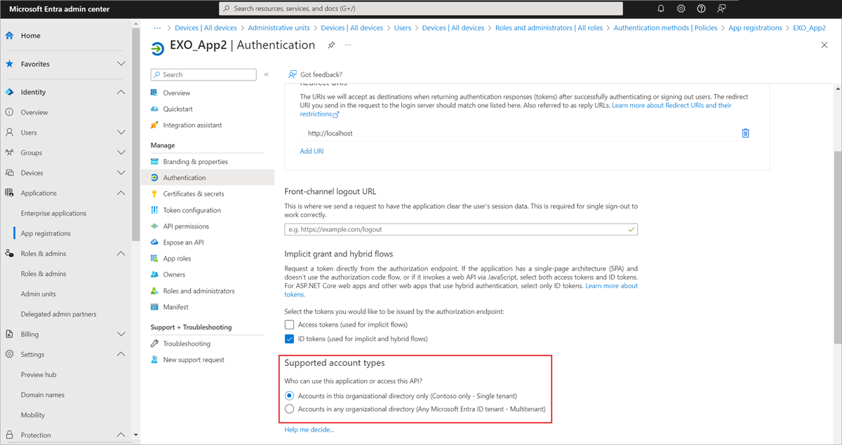 Screenshot of permission to grant access to app registration supported account type property on authentication page.