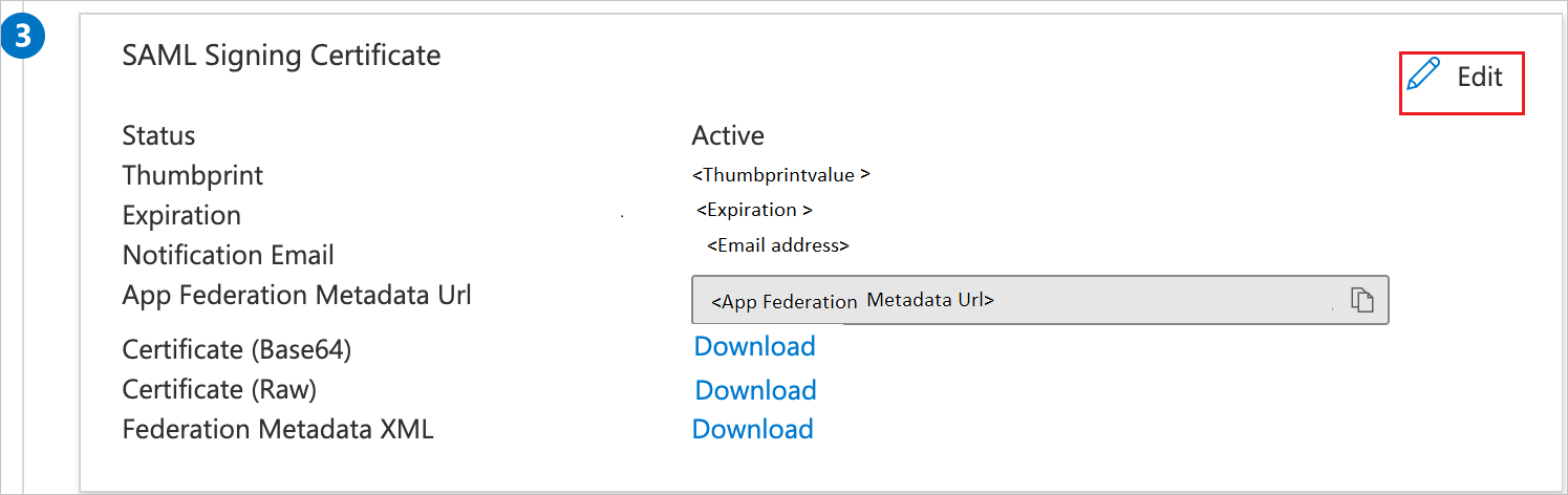 Certificate Screenshot shows how to edit SAML Signing Certificate.