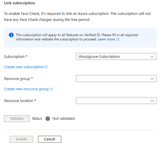 Screenshot of Face Check subscription linking dialog showing dropdown menus for Subscription, Resource group, and Resource ___location with Validate button.
