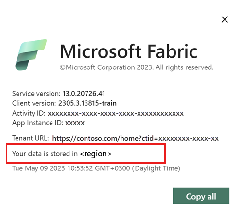 Screenshot showing the About Microsoft Fabric window with the data storage ___location highlighted.