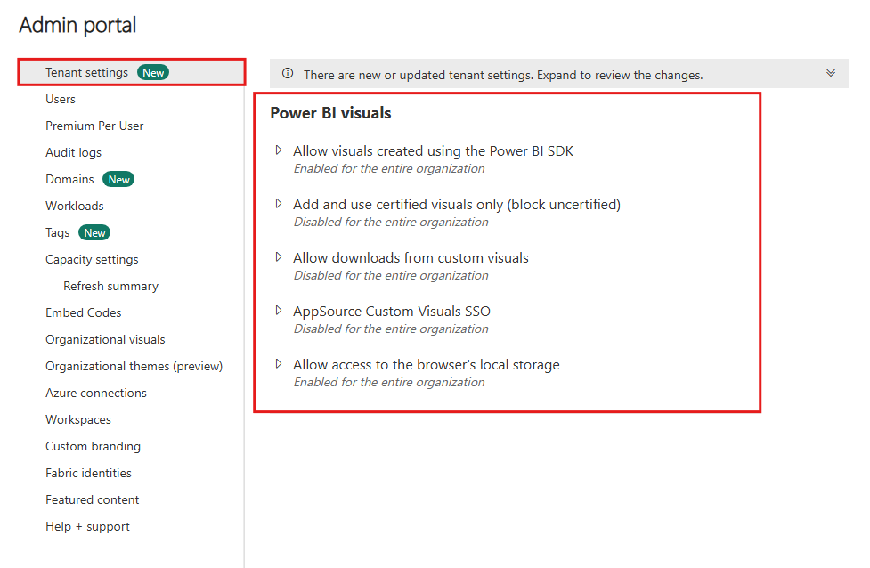 Screenshot of the Power BI visuals tenant settings ___location.
