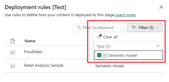 A screenshot of the deployment rules pane, showing that you can set rules for dataflows gen1, datasets, and paginated reports.