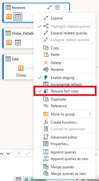 Screenshot showing the ___location of the Require Fast Copy option for Dataflow Gen2.