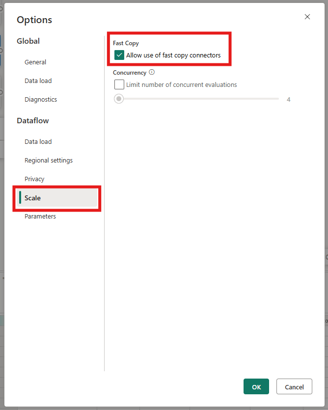 Screenshot of the Options dialog showing the ___location to enable Fast Copy in Dataflow Gen2.