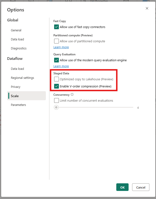 Screenshot of the Options dialog with the Scale tab selected and the Staged Data section highlighted.