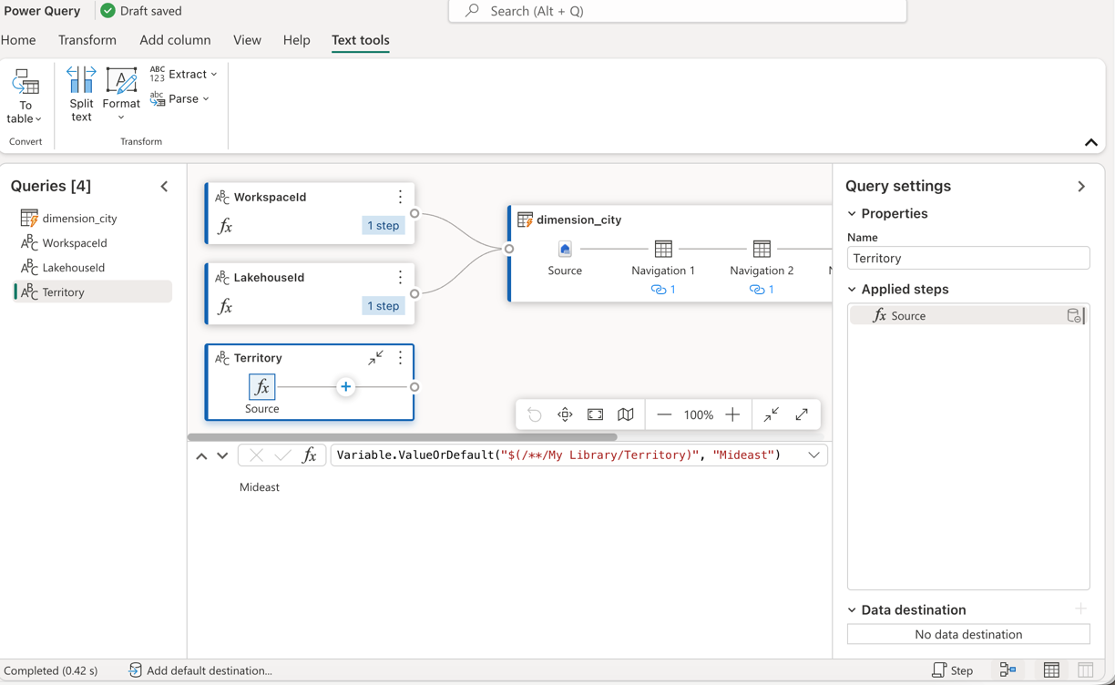 Screenshot of the Territory query created in the dataflow.