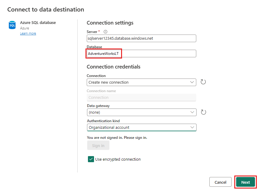 Screenshot of the Connect to data destination dialog.