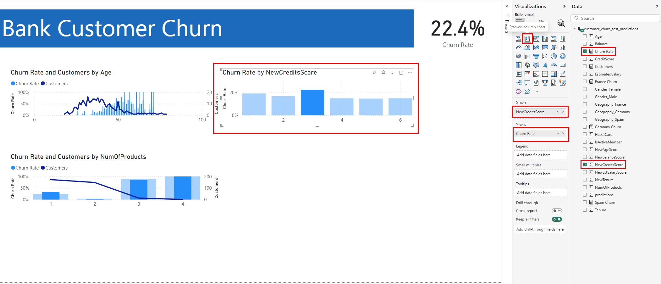 Screenshot shows addition of a stacked column chart of NumOfProducts.