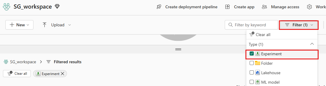 Screenshot shows the workspace with the experiments filter selected.