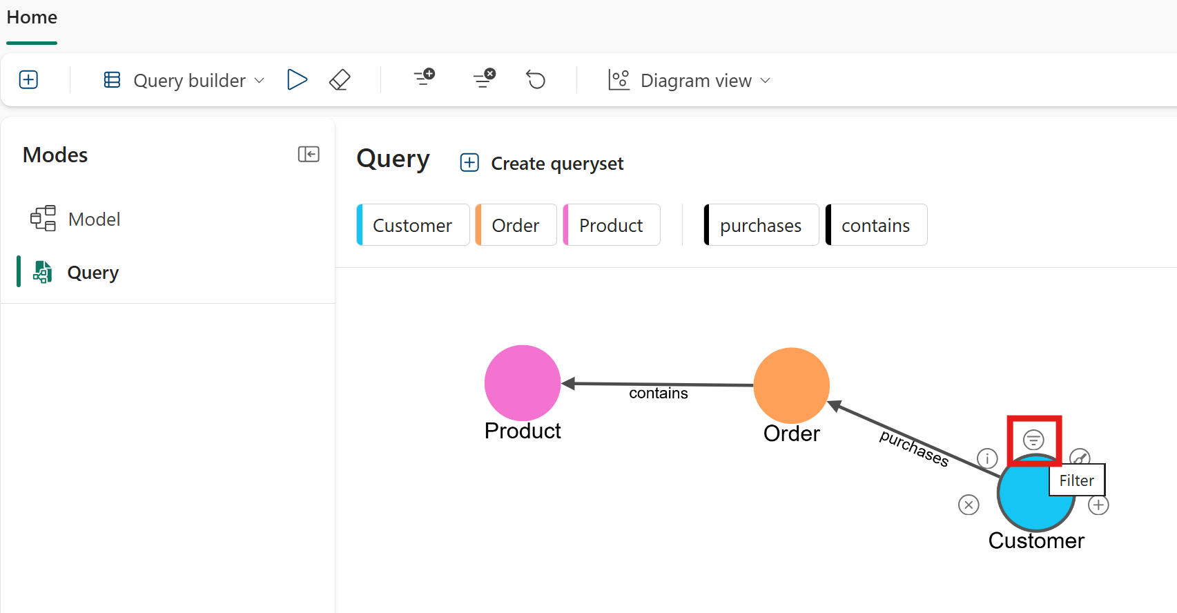 Screenshot showing how to select Filter on the Customer node.