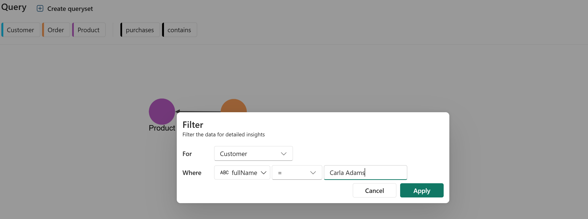 Screenshot showing completed Add filter popup on the Customer node.
