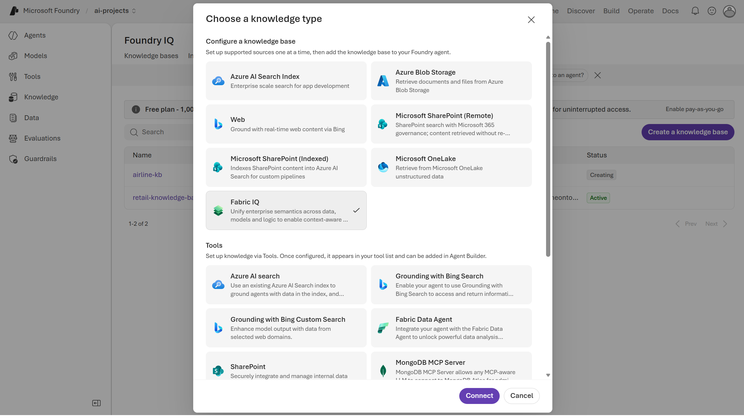Screenshot of selecting Fabric IQ as the knowledge type.