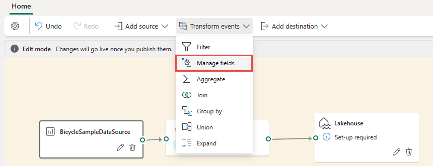 Screenshot that shows the selection of a Manage fields operator on the ribbon.