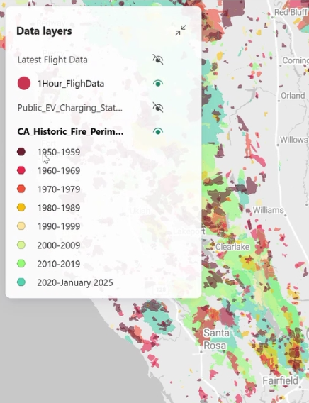 A screenshot showing a Fabric Maps layer settings panel displaying color-by-category data-driven styling options. A dropdown menu shows category names with color swatches, ranging from dark red through purple to teal. Each category has an assigned color used to differentiate distinct values on the map legend. The panel demonstrates custom colors for individual categories in geographic data visualization.