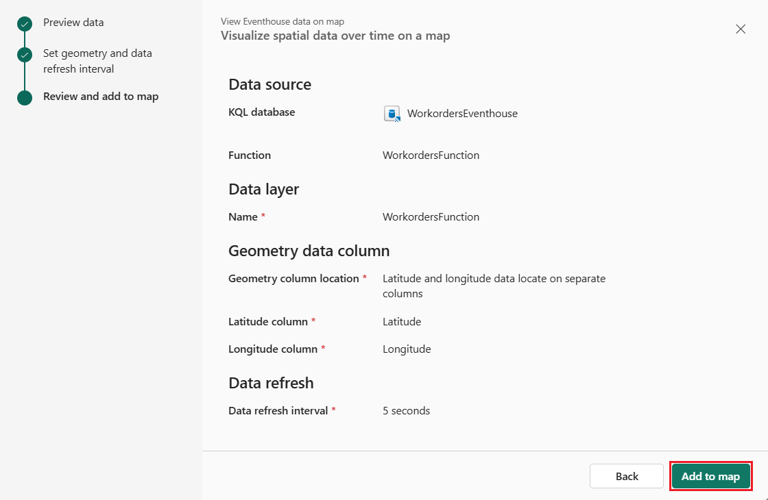 A screenshot of the Microsoft Fabric View Eventhouse data on map dialog showing the final Review and add to map step of the configuration workflow. The left sidebar displays three sequential workflow steps: Preview data and Set geometry and data refresh interval both completed with green checkmarks, and Review and add to map currently active with a blue dot indicator. The main panel shows the summary of configuration settings: Data source section lists KQL database as WorkordersEventhouse and queryset as WorkordersFunction. The Data layer section displays the layer name WorkordersFunction marked as required with a red asterisk. The Geometry data column section shows three required fields marked with red asterisks: Geometry column ___location set to Latitude and longitude data located on separate columns, Latitude column set to Latitude, and Longitude column set to Longitude. The Data refresh section indicates the refresh interval is set to 5 minutes, also marked as required. The dialog footer contains Back and Add to map buttons positioned at the bottom right, with the Add to map button highlighted ready to finalize adding the eventhouse data layer to the map.