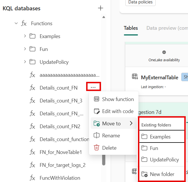 Screenshot of the pop-up menu showing the option to move the function to an existing folder or create a new one.