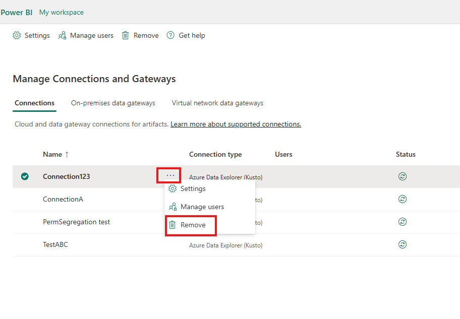 Screenshot showing how to remove a connection.