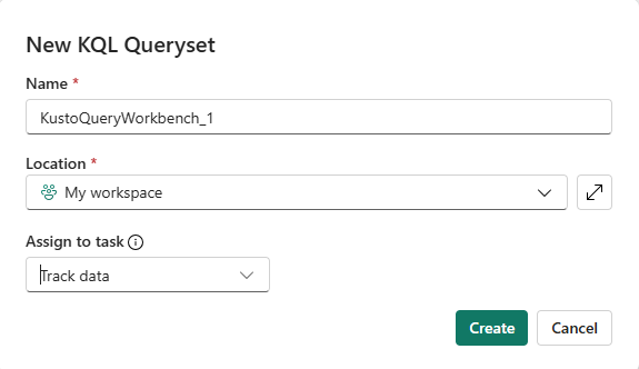 Screenshot of new KQL queryset window with name and ___location fields highlighted.