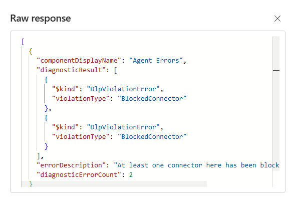 Screenshot of the raw response panel that shows data policy violations as a JSON literal.