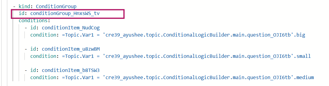 Screenshot of YAML code editor with condition group ID 'conditionGroup_HnxsWS_tv' highlighted in a pink box.