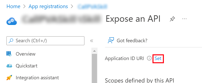 Screenshot of the ___location of the Set button for the Application ID URI.