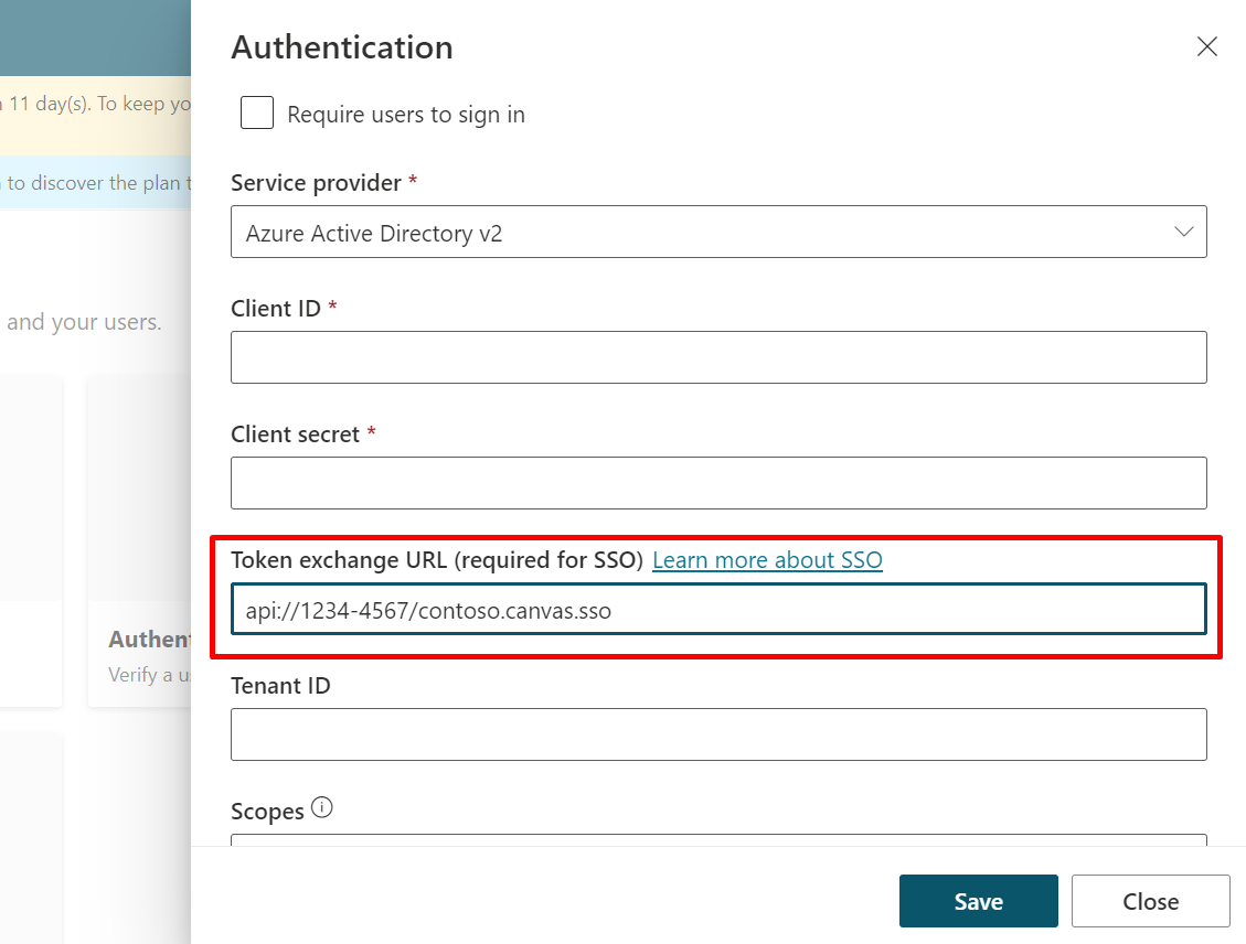 Screenshot showing the authentication tab with ___location for the API.