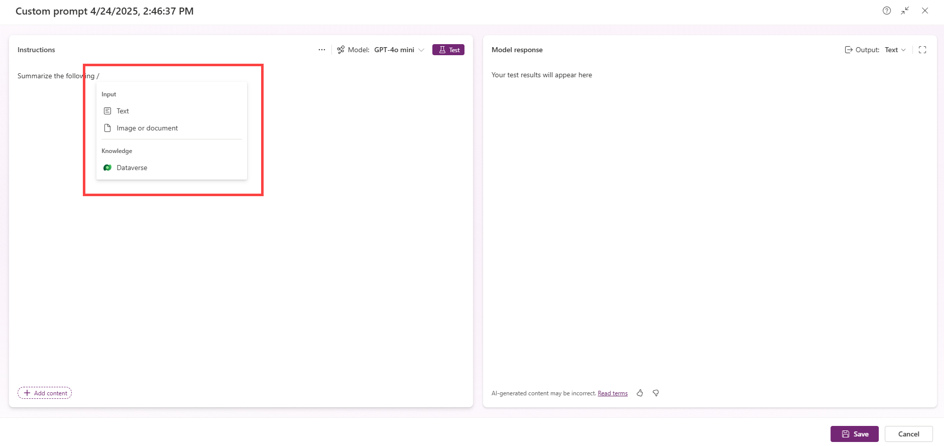 Screenshot of the Add input option.