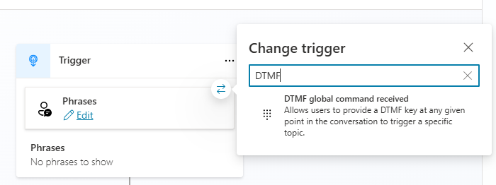 Screenshot of the 'DTMF global command received' topic trigger option.