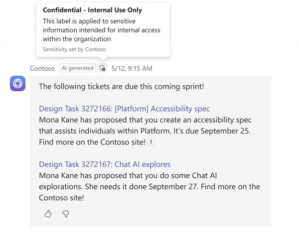 Screenshot shows an AI-powered bot with sensitivity label in the Teams desktop client.